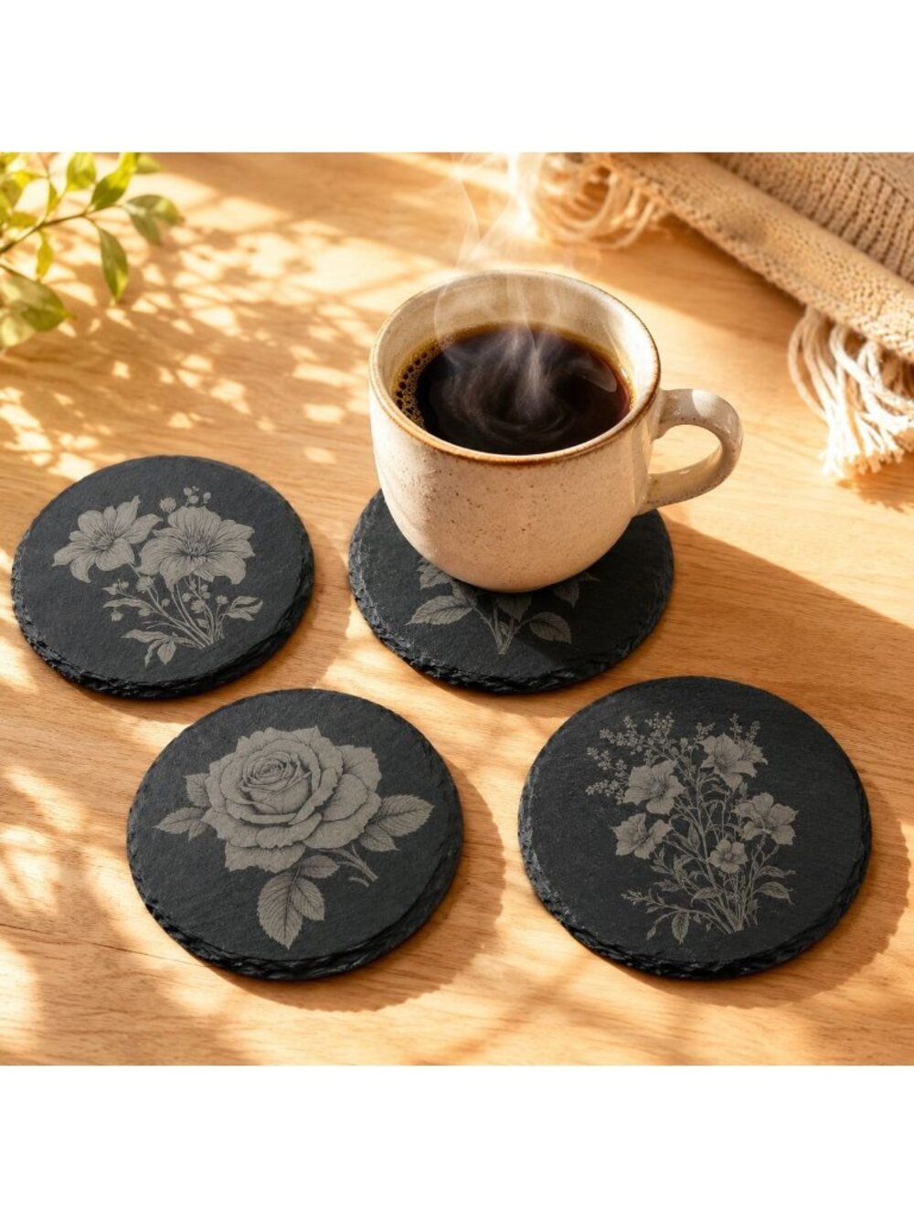 Coasters Flowers Botanical Engraved Slate Set Of 4 Round 4"